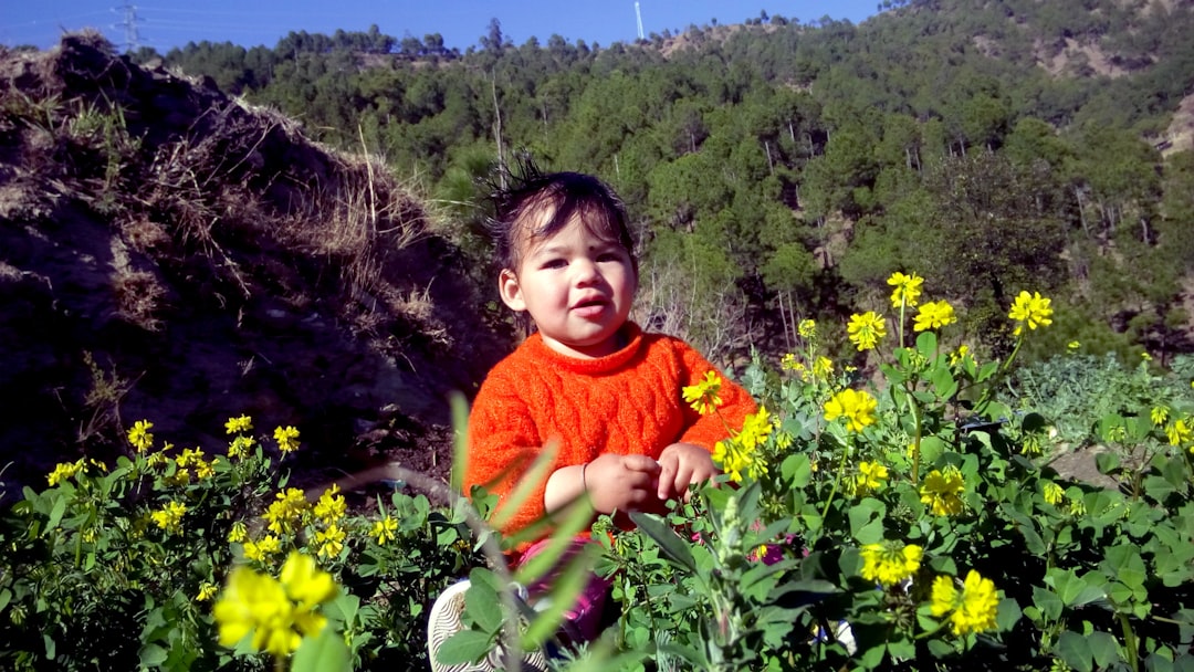 A little boy standing in a field of flowers